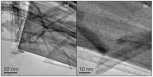 Figura 17 - Imagens de ME da amostra H-30, outra região com presença de nanofitas e nanotubos. (a) Presença de uma nanofita grande e nanotubos.