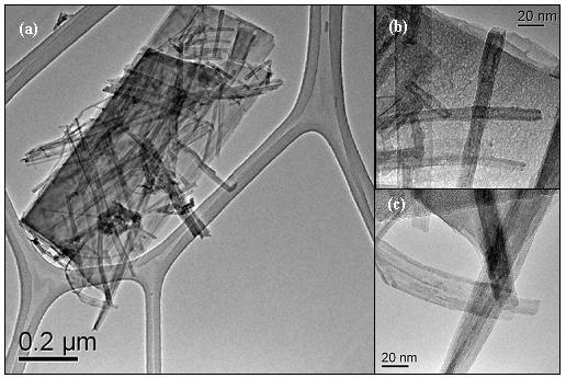 Mas além das estruturas em formação, nanotubos e nanofitas estão presentes como mostra a figura 51. Figura 31 - Imagens de ME da amostra H-60(30h).