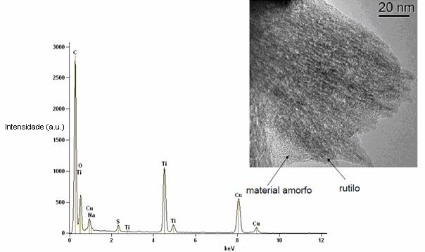 A fase precipitada foi o rutilo, porém aparece uma casca amorfa envolvendo as nanopartículas de rutilo.