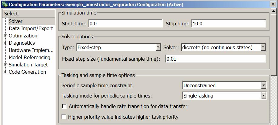 Simulink: Configuração do solver Não confundir o período de amostragem (T = 0,1)