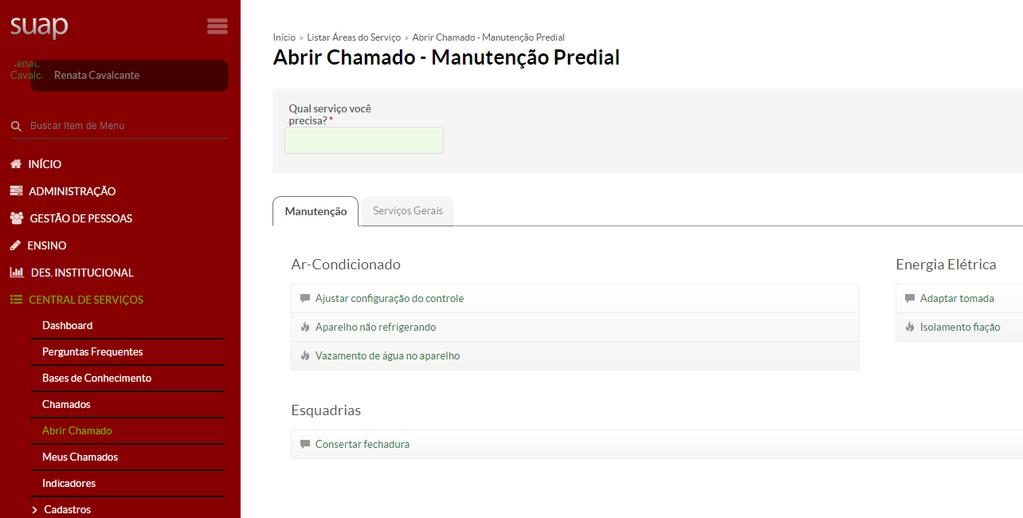 Depois que o usuário selecionar a Área do Serviço, a tela da Figura 4 será apresentada mostrando em cada aba o nome de uma Categoria daquela Área que foi selecionada pelo usuário.