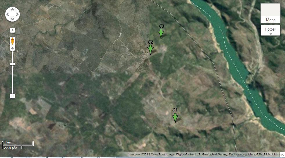 Figura 3 - Vista aérea da área da Unidade de conservação Monumento natural Grota do Angico. As setas indicam os criadouros de solo: C1: criadouro Cancela C2: criadouro sede e C3: criadouro trilha.