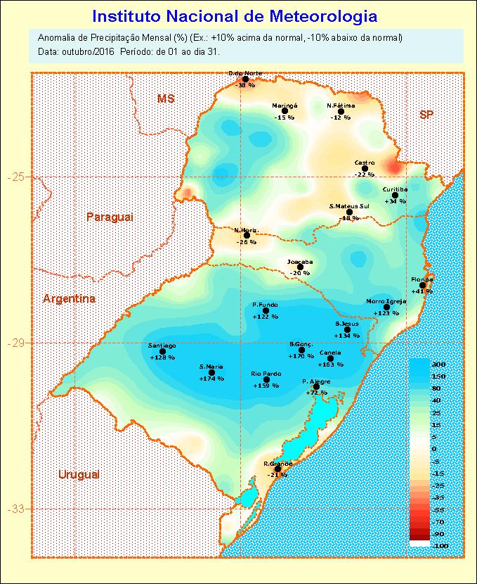 TRIMESTRE COM PRECIPITAÇÃO POUCO ABAIXO DO PADRÃO Introdução (análise do mês de outubro/2016) No mês de outubro, as precipitações no Rio Grande do Sul (Figura 1)