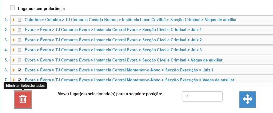 Eliminar lugares seleccionados. Seleccione os lugares a eliminar e prima no botão de eliminação (à direita). Nota: pode eliminar vários lugares, ainda que não estejam dispostos sequencialmente.