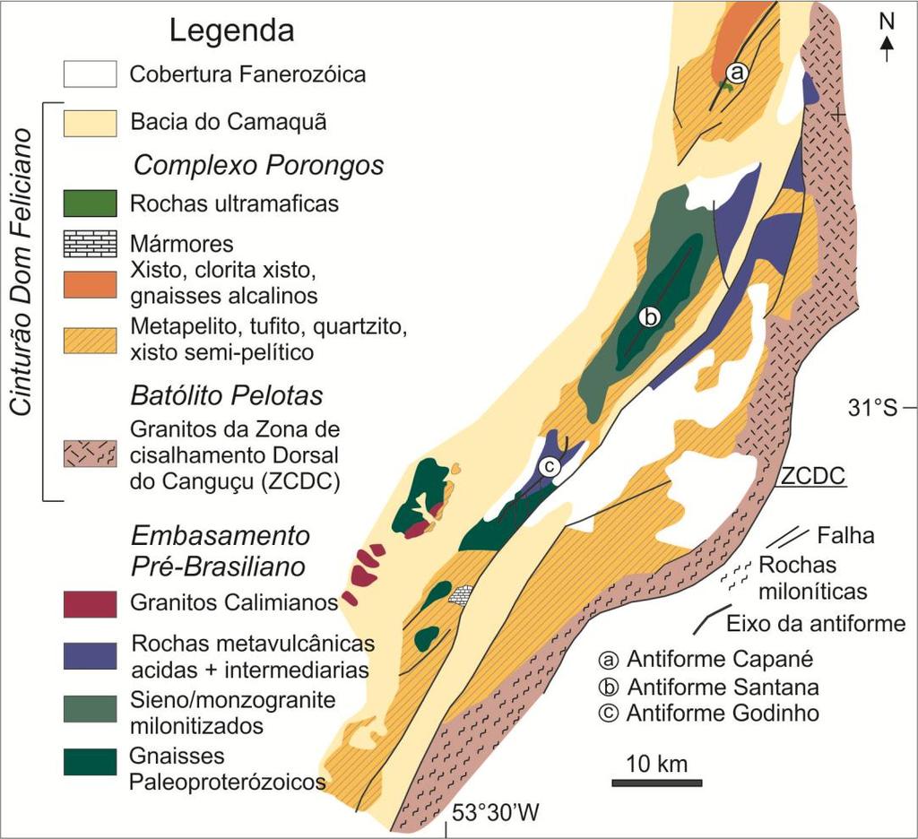 39 de rochas metassedimentares e metavulcânicas ácidas das porções NW e SE do complexo. As rochas metavulcânicas são riolitos e dacitos de caráter subalcalino.