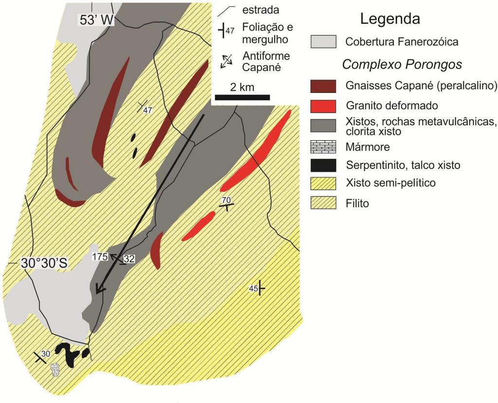 45 Figura 3 - Mapa geológico da Antiforme Capané (modificado de Hartmann & Jost, 1980 e Marques et al.