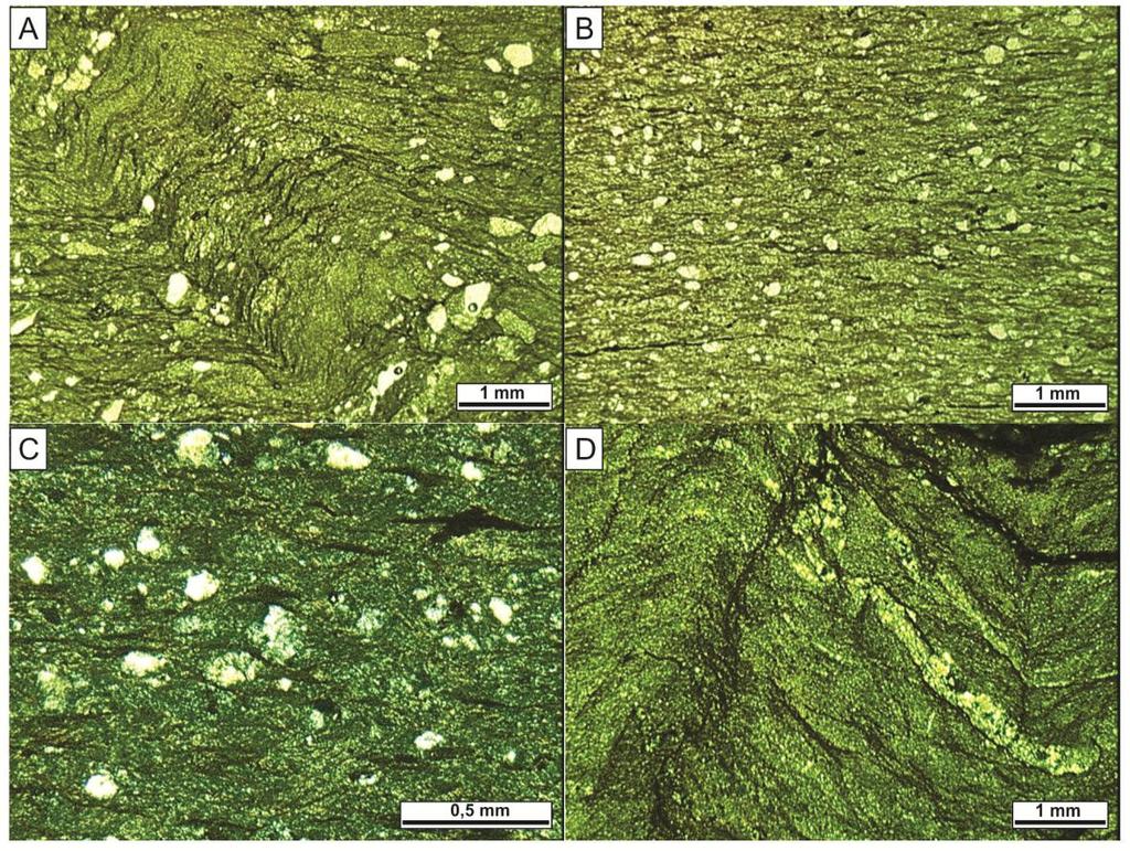 52 Figura 8 - Fotomicrografias das lâminas petrográficas dos filitos (amostras 171, 170 e 197), LN (A) clivagem ardosiana com espaçamento milimétrico dobrada em kink bands; LN (B) clivagem ardosiana