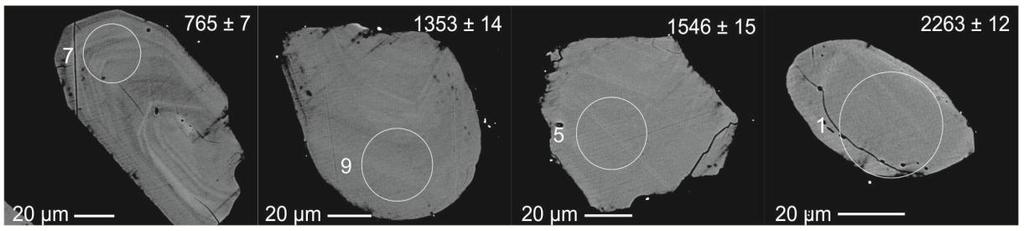 68 Figura 14 Imagem de back scaterred electron dos zircões da amostra 198, com o local das análises indicado pelo círculo branco e as idades expressas em Ma Figura 16 15 (A) Diagrama concórdia das