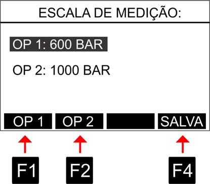 10.2 Escala de Medição: Escolha entre duas escalas possíveis (600 BAR ou 1000 BAR). Uma vez selecionada uma opção, aperte F4 para salvar.