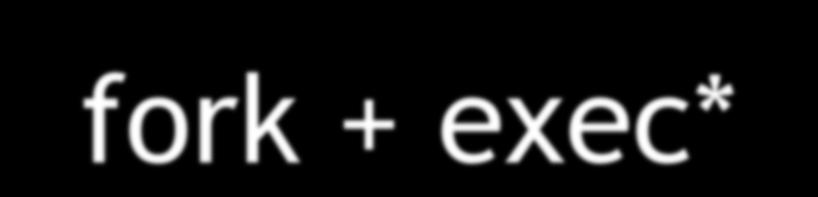 fork + exec* pid = fork(); switch (pid) { case 0: execl("/bin/ls","ls","/bin",0); perror("ls"); exit(1); case -1: