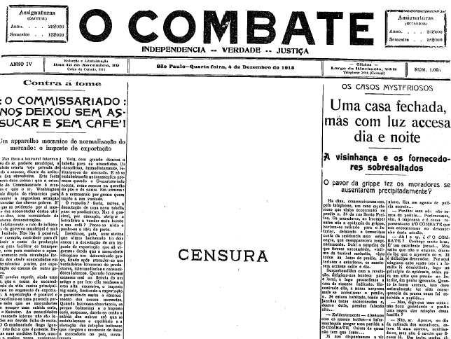 33 Figura 05: Exemplo de censura em O Combate Fonte: O Combate. Ano IV, número 1065. 4 de Dezembro de 1918.