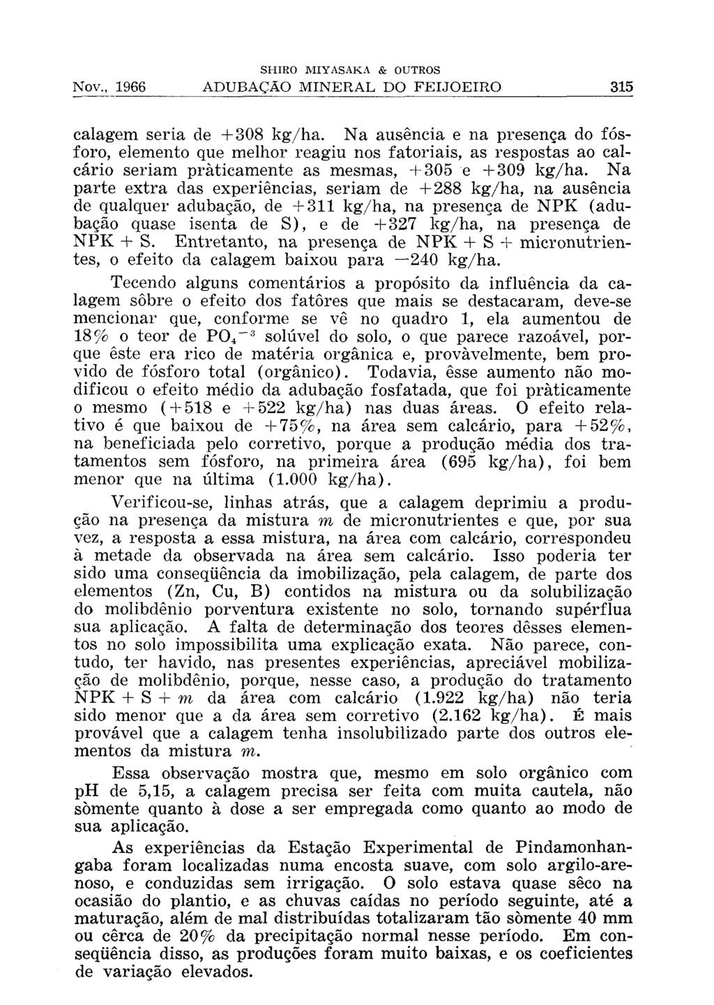 calagem seria de +308 kg/ha. Na ausência e na presença do fósforo, elemento que melhor reagiu nos fatoriais, as respostas ao calcário seriam praticamente as mesmas, +305 e +309 kg/ha.