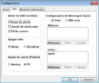 Configurações Configurações 25 B. Configurações de SMS 1. Você pode selecionar o método de notificação para novas mensagens. Se você selecionar ìcone de alerta, o ícone da bandeja do Windows pisca.