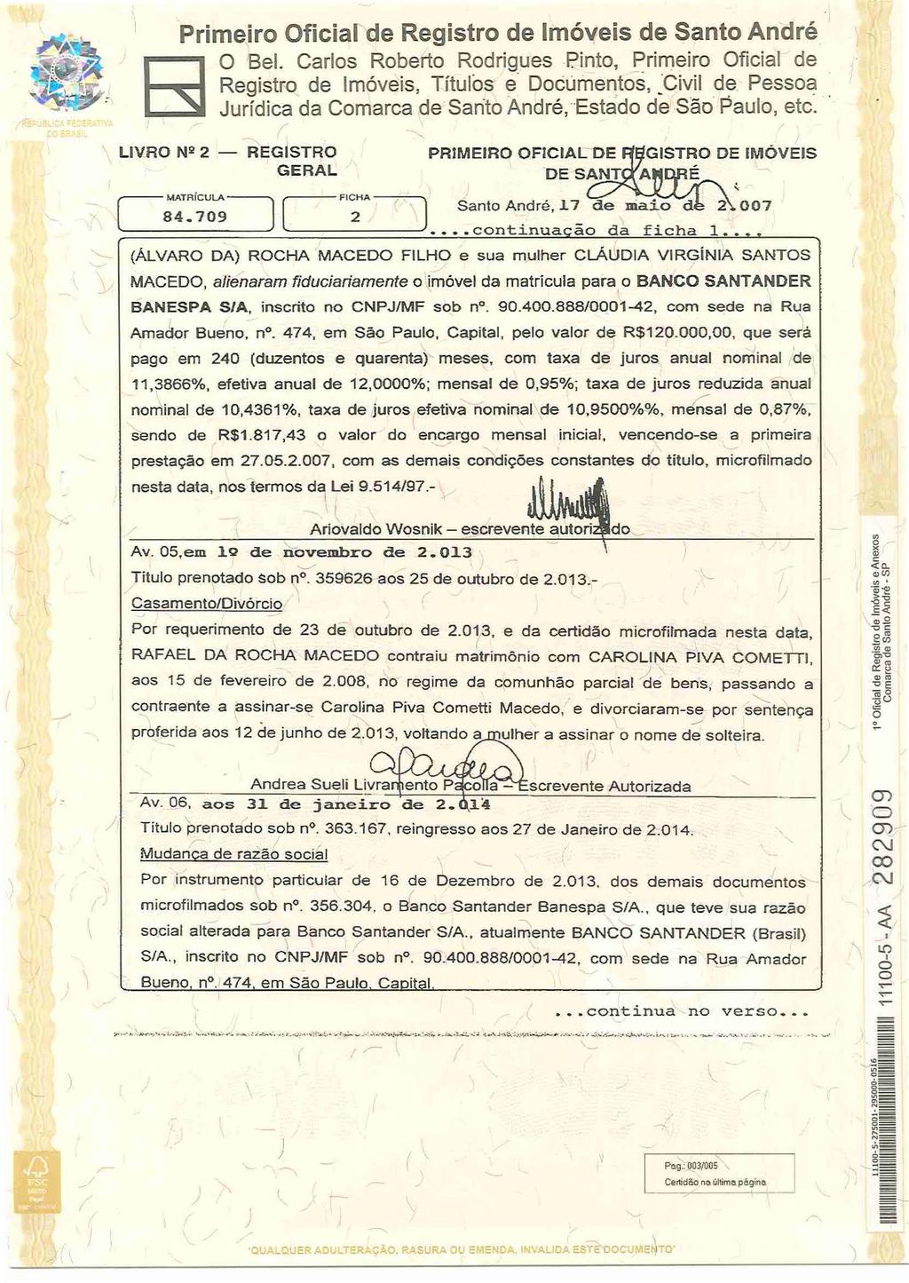 Primeir Oficiar de Registr de móveis de Sant André O Bel. Carls Rbert Rdrigues Pint, Primeir Oficial de Registr de móveis, Títuls e Dcümen_ts, :c ivil de. Pess~ Jurídica da Cmarca de Sant André,.