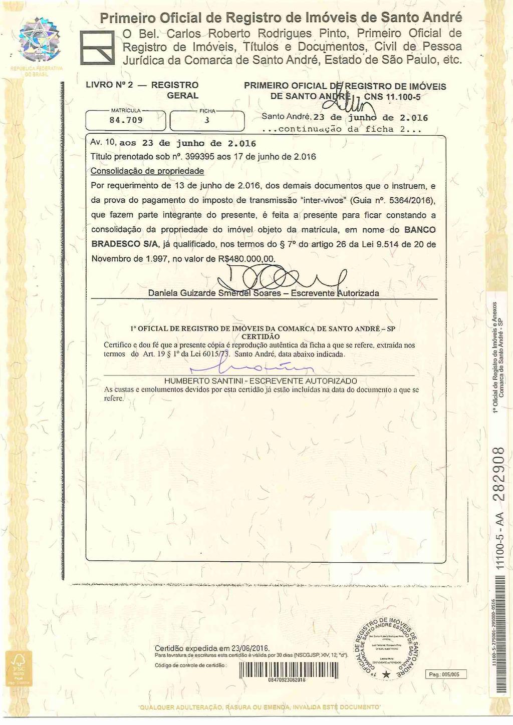 Primeir Oficial de Registr de móveis, de Sant André ~,0 Bel. Carls Rbert Rdrigu,.es.