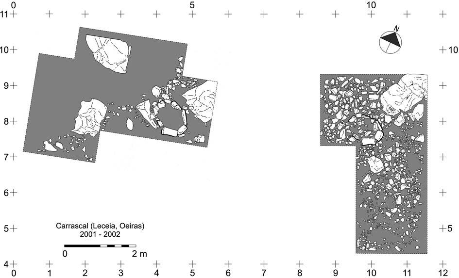 Fig. 8 Carrascal, 2001 e 2002. Planta das áreas escavadas, evidenciando-se as duas estruturas de combustão exploradas. 2.2 2.