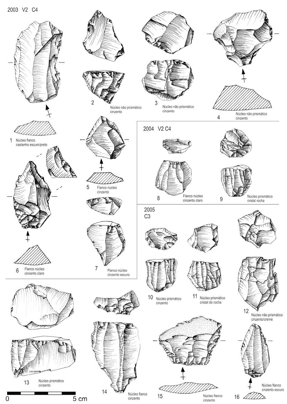 Fig. 55 Carrascal, 2003. Núcleos e flancos de núcleo (1 a7). Carrascal, 2004.