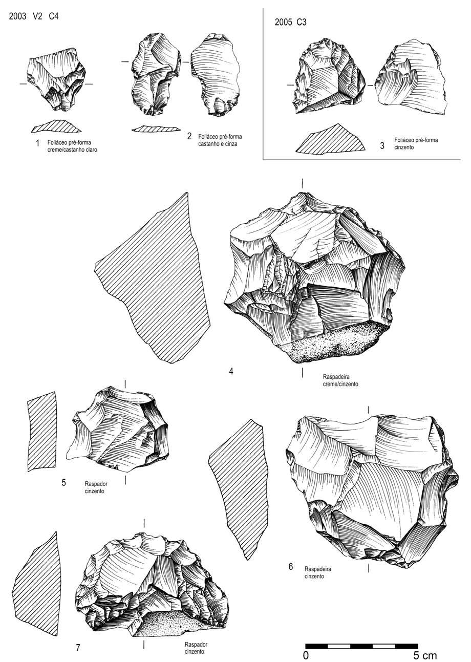 Fig. 61 Carrascal, 2003. Foliáceos, pré-formas (1 e 2). Raspadeiras (4 e 6).