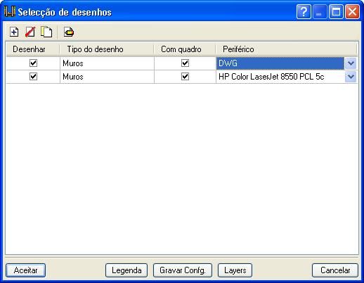 14) permite acrescentar um ou vários desenhos para imprimir simultaneamente e especificar o periférico de saída: impressora, plotter, DXF ou DWG;