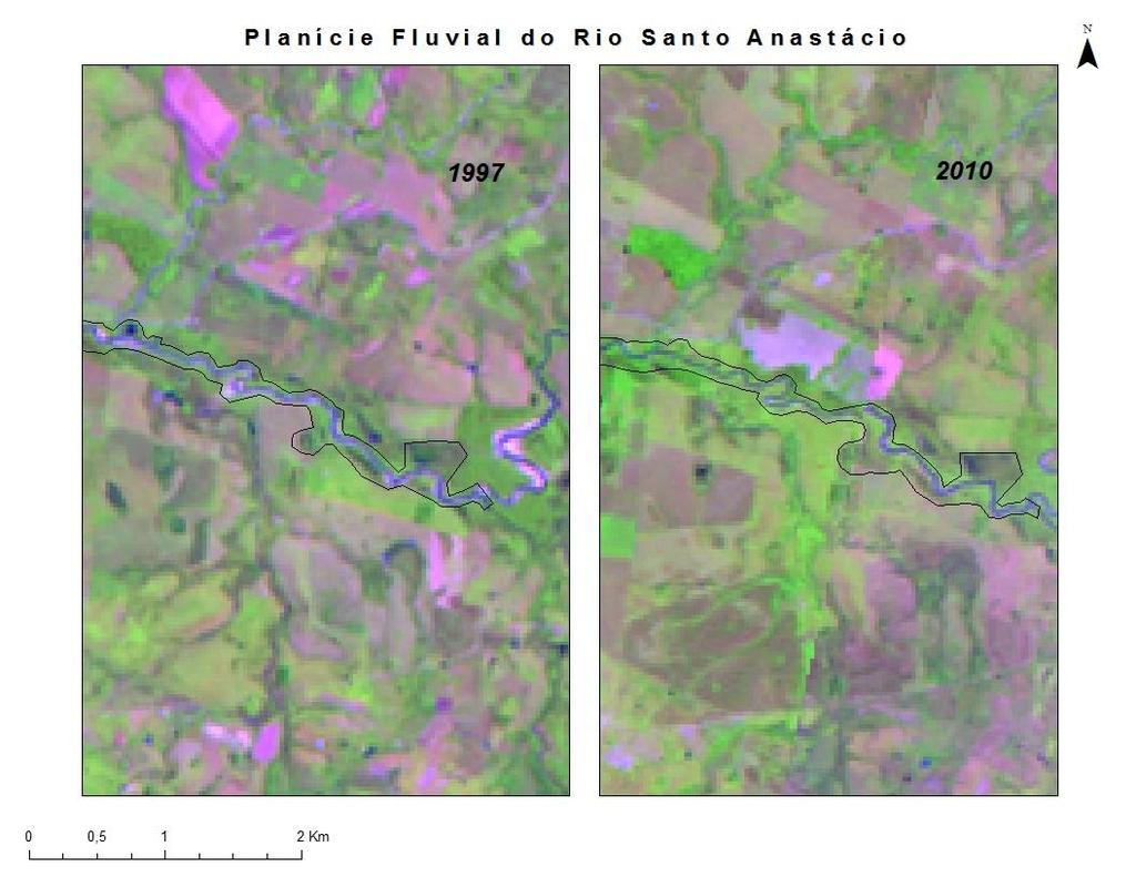 Como pode ser visto nas figuras 3, o canal em 1997 se fazia mais sinuoso do que em 2010 (setas em vermelho) e, em outros pontos (figura 4) ele teve seus meandramentos ampliados na planície (setas