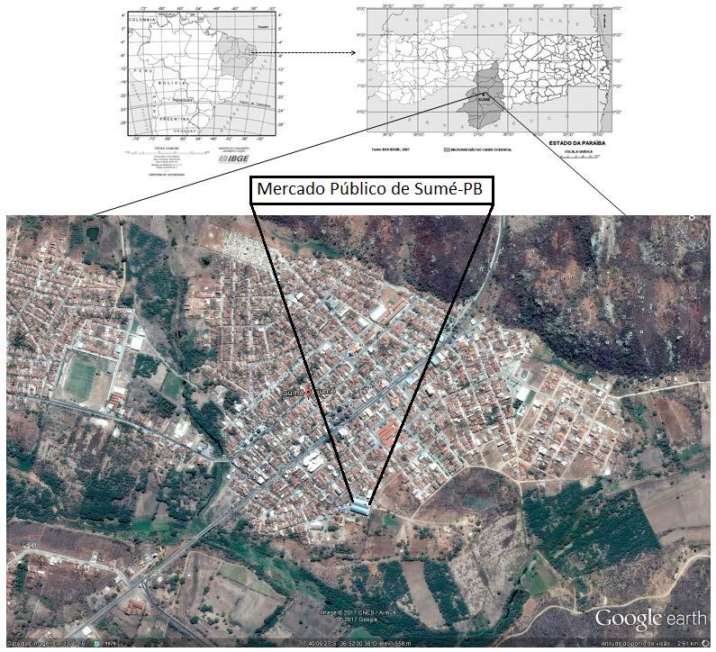 688 Figura 1. Imagem da localização do mercado público no Município de Sumé, Cariri Ocidental paraibano (7 40 14.16 S e 36 52 37.27 W; 525 m de altitude). Fonte: Adaptado de Farias et al.
