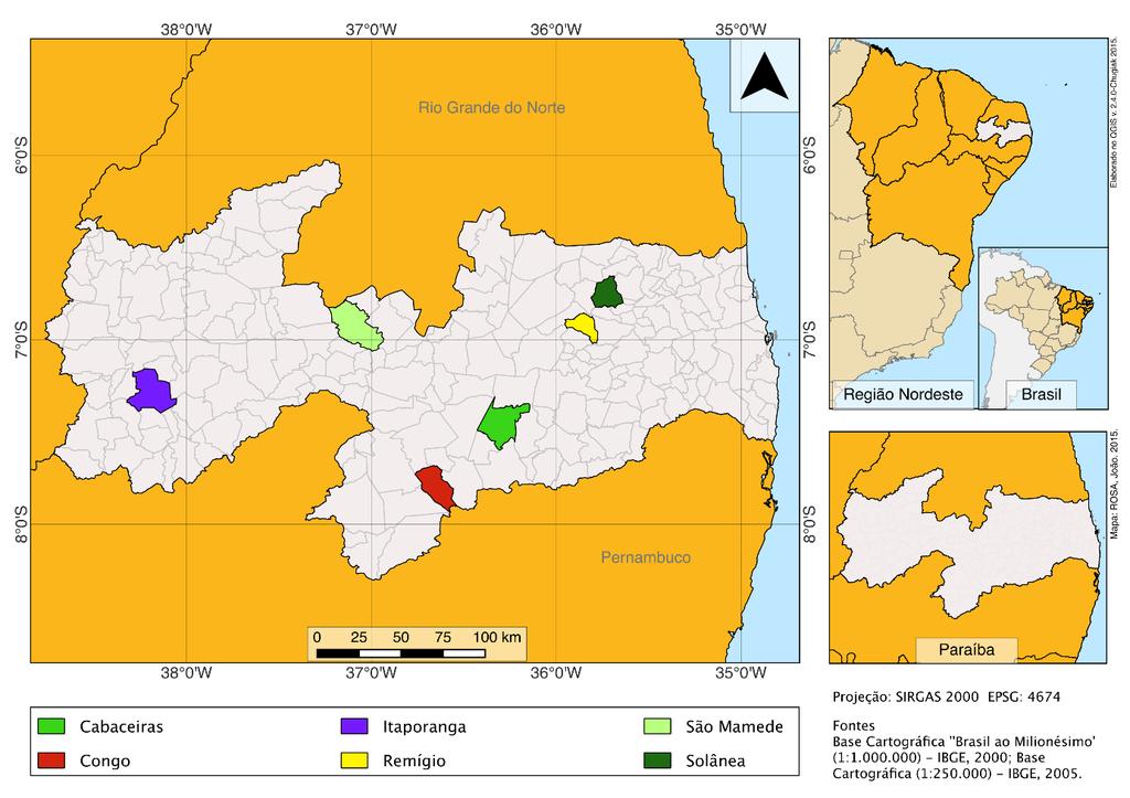 Figura 1. Localização geográfica dos municípios de Cabaceiras, Congo, Itaporanga, Remígio, São Mamede e Solânea, estado da Paraíba, Brasil.