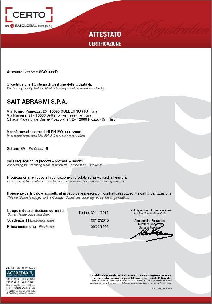 A Sait Abrasivos é uma multinacional Italiana, fundada há 60 anos, e hoje é uma das empresas líderes na produção de abrasivos sólidos e flexíveis de alta qualidade, com certificação ISO 9001 e 5