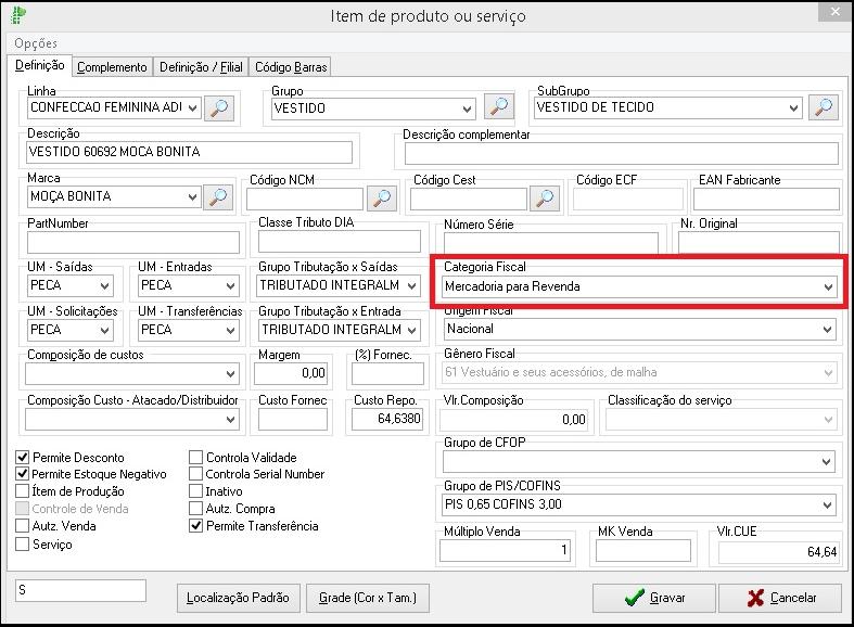 OBS: Se no cadastro do item a categoria fiscal estiver NULL, a rotina ira entender que o item é