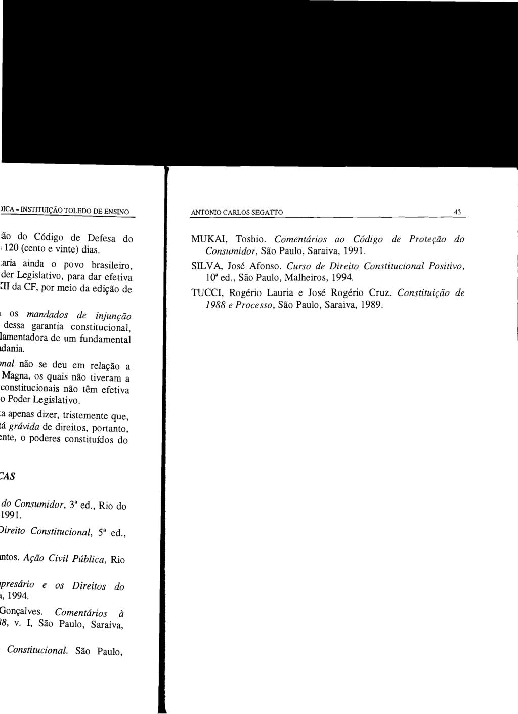 ANTONIO CARLOS SEGATTO 43 MUKAI, Toshio. Comentários ao Código de Proteção do Consumidor, São Paulo, Saraiva, 1991. SILVA, José Afonso.
