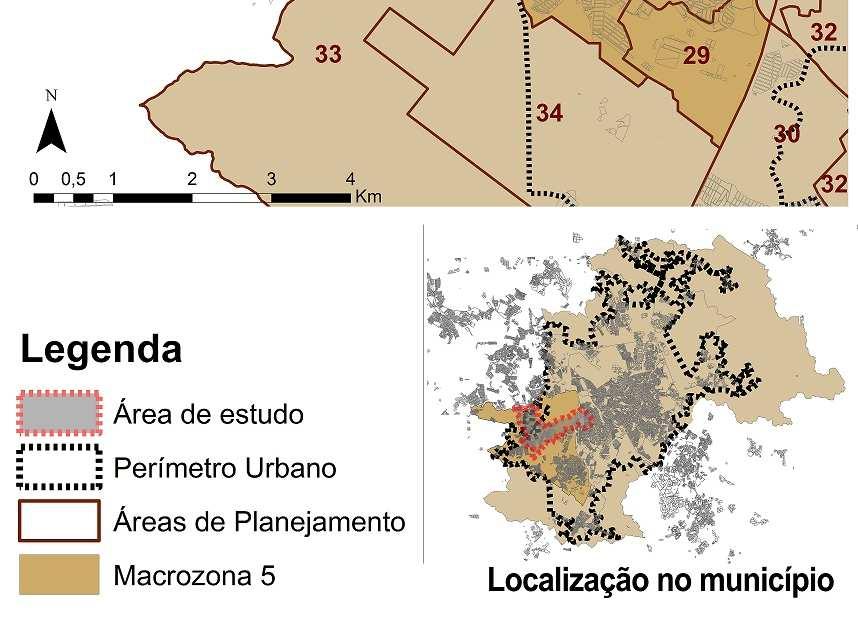 órgãos da PMC. Figura 2. Relação do limite da área de estudos com a Macrozona 5 e as Áreas de Planejamento. Fonte: Prefeitura de Campinas.