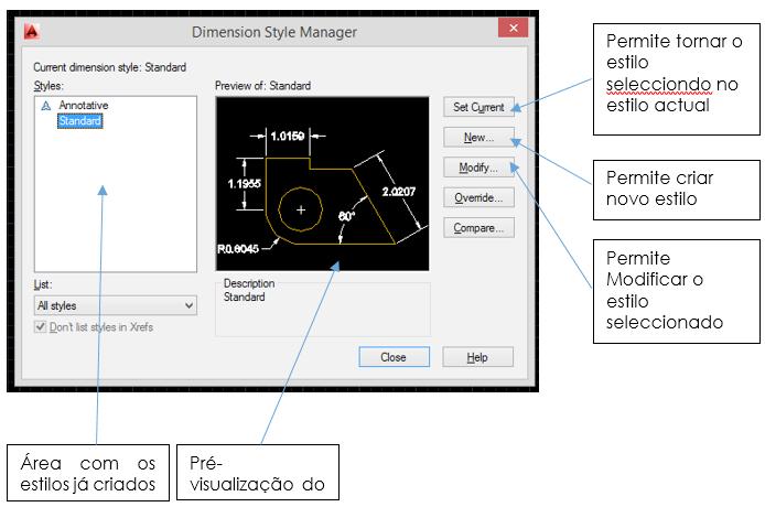 6. Cotagem Para se fazer uma cotagem de acordo com o estilo ou com uma norma pretendida é necessário antes definir/modificar o estilo de cotagem. Capítulo VII: Cotagem 58 6.1.