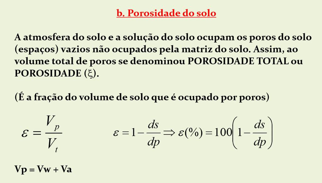 Porosidade do solo: Ao volume total de poros se denominou POROSIDADE TOTAL ou POROSIDADE. 1.