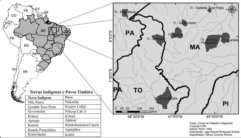 Figura 1 - Estão marcadas em cinza escuro as terras indígenas onde vivem os povos Timbira. Foi ainda Nimuendajú (1944, 1, p.