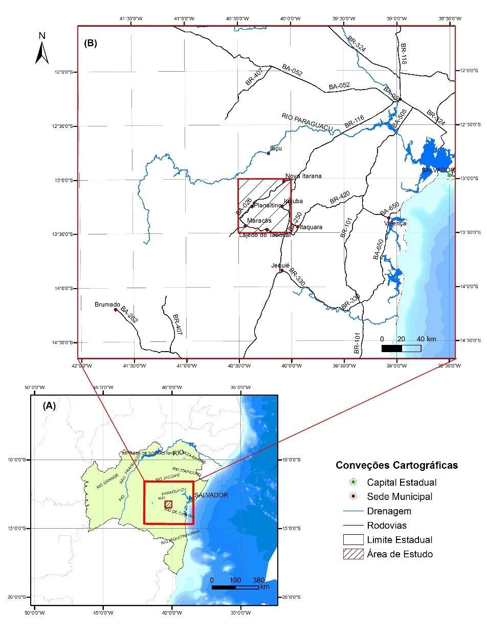 Figura 1. 1 (A) Localização da área de estudo no Estado da Bahia; (B) Principais vias de acesso à área, a partir de Salvador. A presente pesquisa promoveu o mapeamento geológico na escala 1:100.