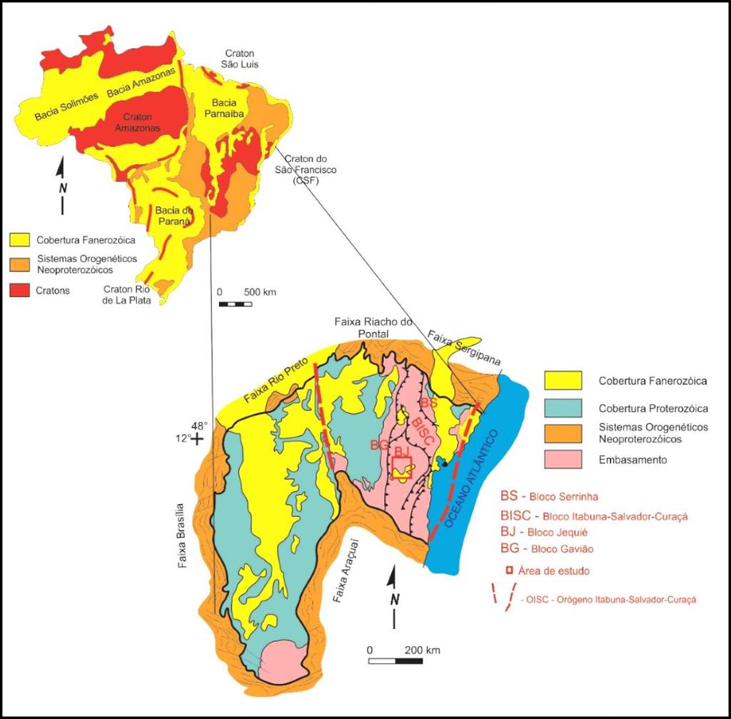 Figura 2. 1 (A) Principais crátons e sistemas orogenéticos neoproterozoicos do território brasileiro; (B) Mapa geológico simplificado do CSF. Fonte: Modificado de Alkmin et al., 1993.