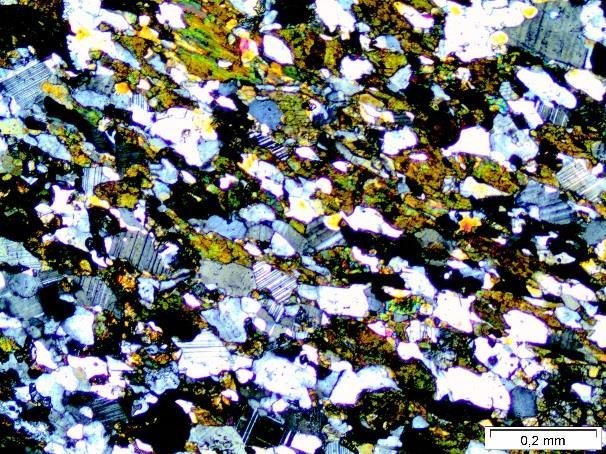 Fotomicrografia 3.3 (A) Textura lepidoblástica da matriz da rocha, caracterizada pelo alinhamento de biotitas e anfibólios com plagioclásio, quartzo e mesopertita (NX).
