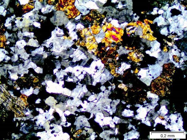 Fotomicrografia 3.5 (A) Composição mineral de uma amostra MUM, constituída por plagioclásio, ortopiroxênio e clinopiroxênio em textura com contatos retos a curvos (NX).