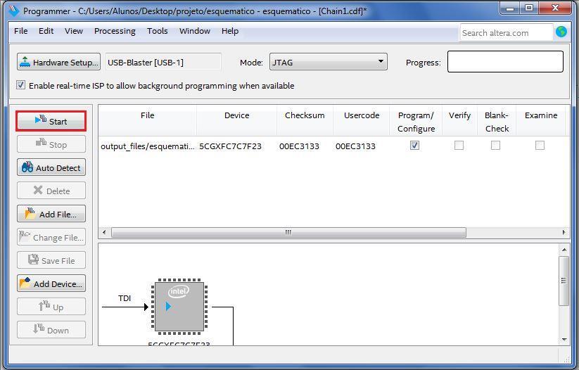 Pressione Start para transmitir o projeto para