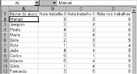 Introduzir e visualizar dados Tipos de dados Rótulos (células A1 a D1 e A2 a A12)