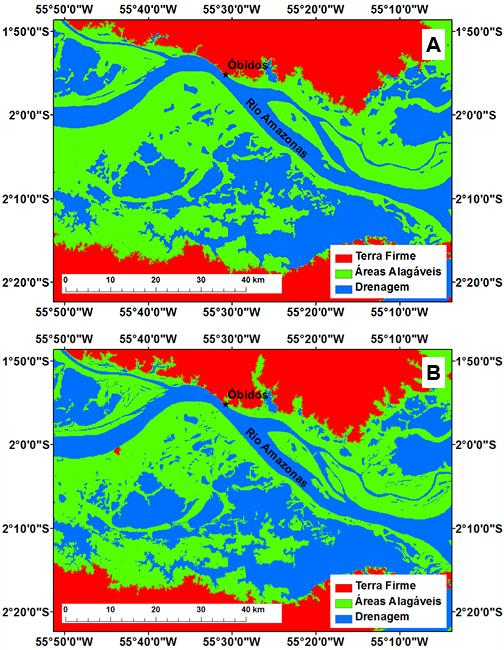 Mapas das áreas alagáveis do setor de Óbidos. A: com base no MDE-SRTM. Fonte: Alfaya et al., 2012. B: com base no MDE-Topodata.