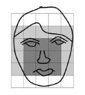 centrais, contendo olhos, nariz e boca, têm luminosidade uniforme, conforme é visto na figura 2. Figura 1 - Imagem em várias resoluções. (a) imagem original n=1. (b) n=4. (c) n=8.