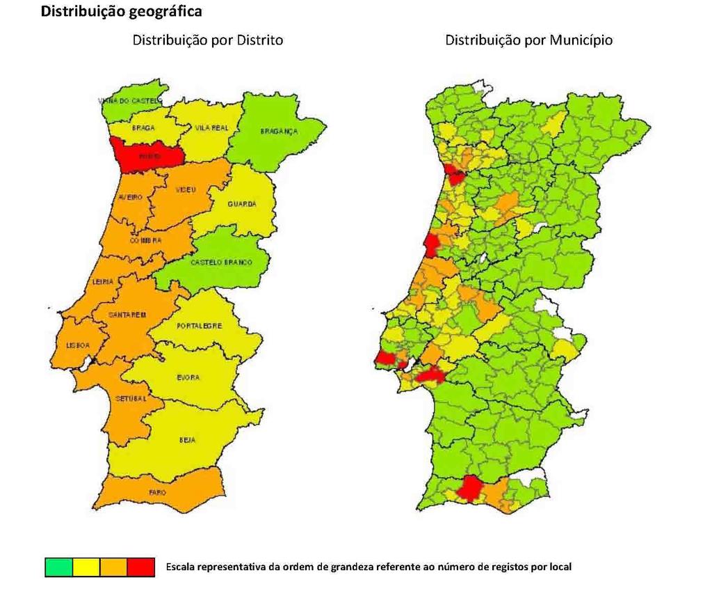 Figura 1 Distribuição geográfica do furto de metais não preciosos Como se pode observar, este tipo de criminalidade tem sido registada um pouco por todo o território, com especial enfoque, em termos