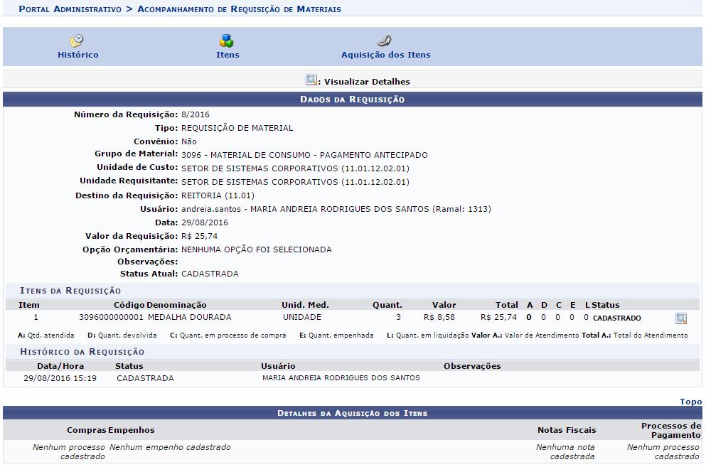 Tela 1.6. Cadastrar Requisição - Notificação de Sucesso.