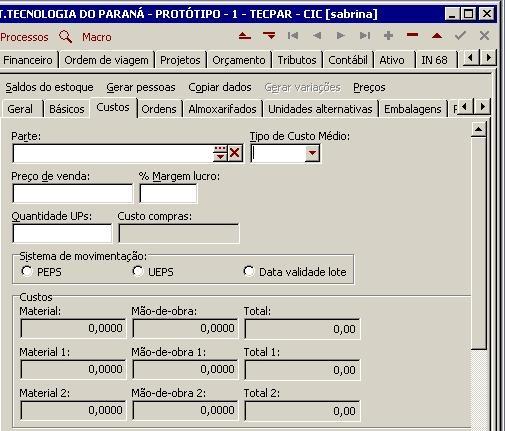 Guia Custos: -> ITEM: Tipo de Custo Médio: Automático pelo sistema.