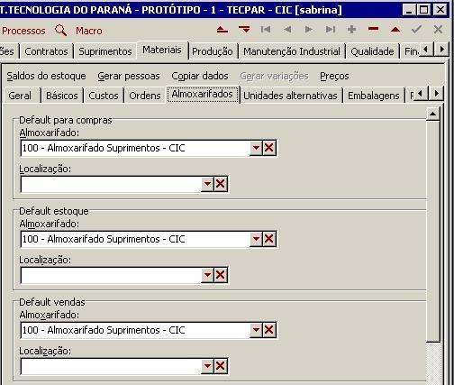 Guia Almoxarifados: ATENÇÃO! Esta guia é preenchida somente para cadastro de itens. Cada filial possui um Almoxarifado de Suprimentos.