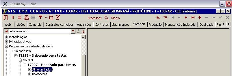 Neste exemplo, como o item foi gerado somente para a Filial CIC, o almoxarifado é o Suprimentos - CIC, se tivesse sido gerado também para a filial Juvevê, então o almoxarifado seria Suprimentos -