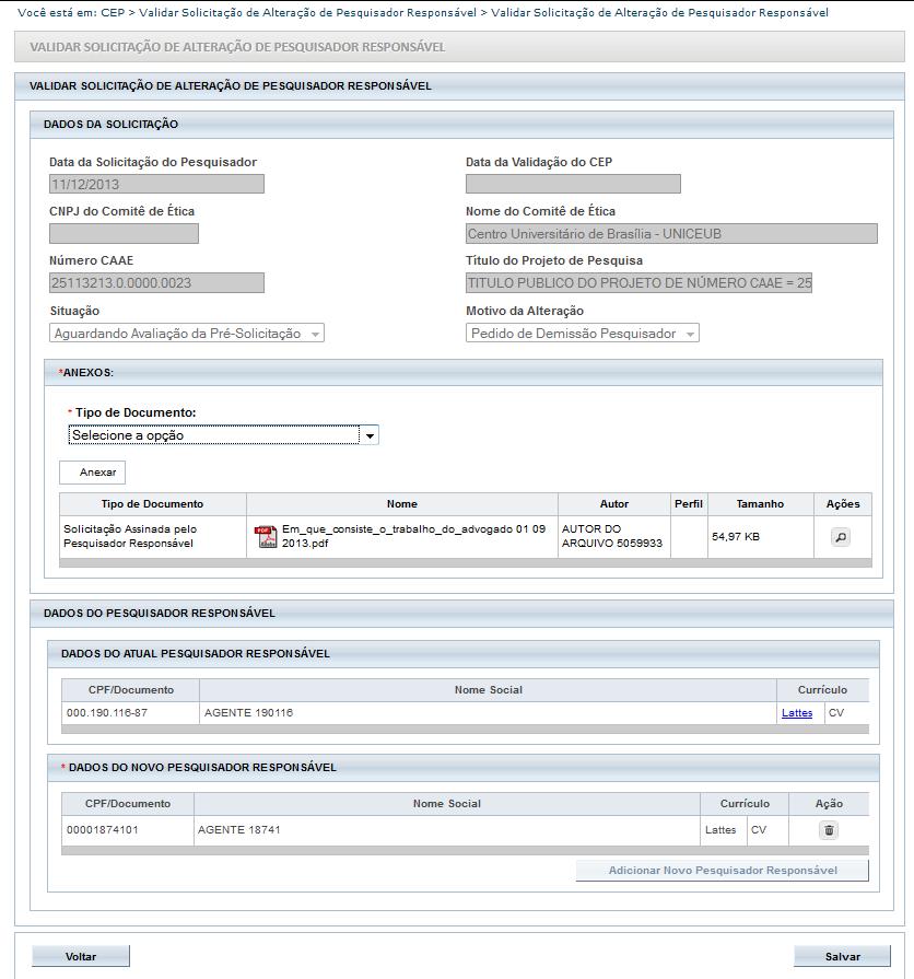 É obrigatório anexar documento do CEP sobre a alteração do Pesquisador Responsável.