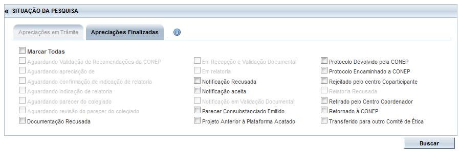 Visualização da aba <Apreciações Finalizadas> ativa. Para localizar projetos com apreciações finalizadas.