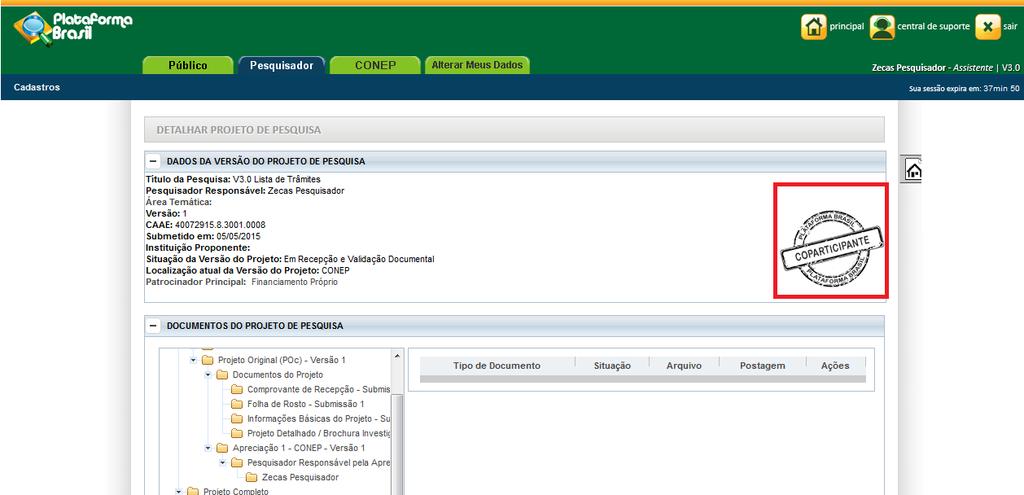 Carimbos de identificação O sistema apresentará carimbos para identificação de projetos de pesquisa de Centro Coordenador, Centro