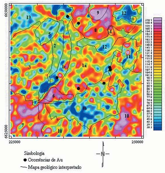 Os contornos indicam as unidades litoestratigráficas (ver Tabela 2). Figura 4 - Mapa do parâmetro F para os dados da região do Complexo Bossoroca.